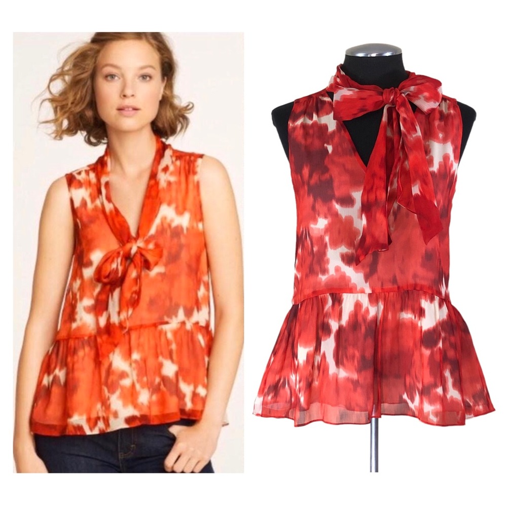 J.Crew - Floating Rose Silk Tie Neck Sleeveless Peplum Blouse